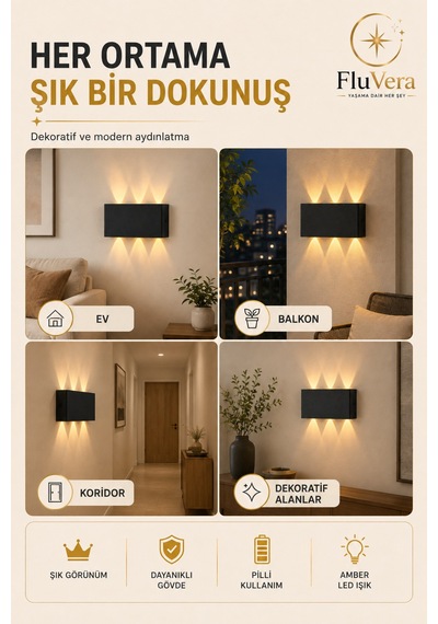 Pilli Amber 12w 3 Led Çift Taraflı Siyah Duvar Aplik Dekoratif Led Aydınlatma İç Dış Mekan Siyah