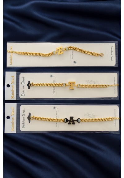 Şehrazat Handmade Gold Çelik Kişiye Özel Harfli Zincir Bileklik Altın