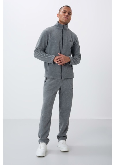 Tommy Life Gri Melanj Dik Yaka Basic Fermuar Cepli Standart Kalıp Erkek Polar Eşofman Takımı - 85193 GRİ MELANJ