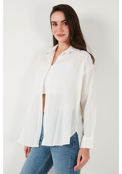 Lela Regular Fit Uzun Kollu Dokulu Bayan Gömlek 6772799 Beyaz