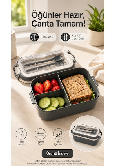 Antrasit 3 Bölmeli Çocuk Beslenme Kutusu Kaşık Çatal Dahil Kilitli Kapaklı Taşıma Saplı Lunch Box