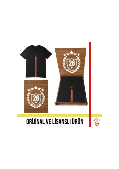 Galatasaray Lisanslı 5 Yıldız Detaylı Siyah T-shirt 26 Şampiyonluk Ahşap Kutulu E251398