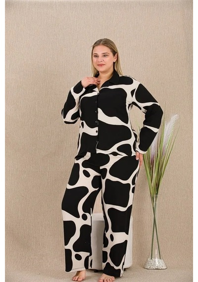 Angbutik Büyük Beden Siyah Beyaz Desenli Düğmeli Uzun Kol Viskon Pijama Takımı Görsel
