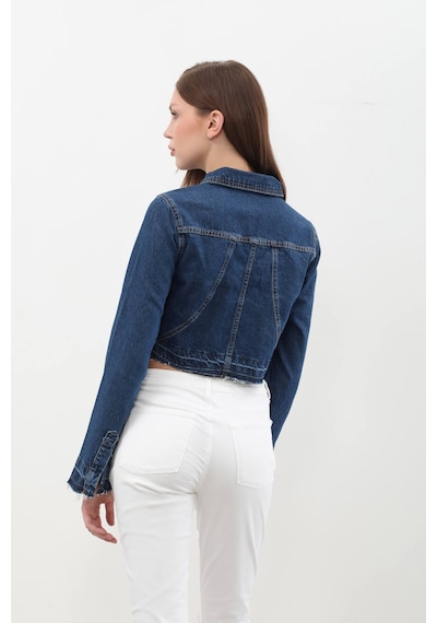Kadın Püsküllü Crop Jean Ceket mavi