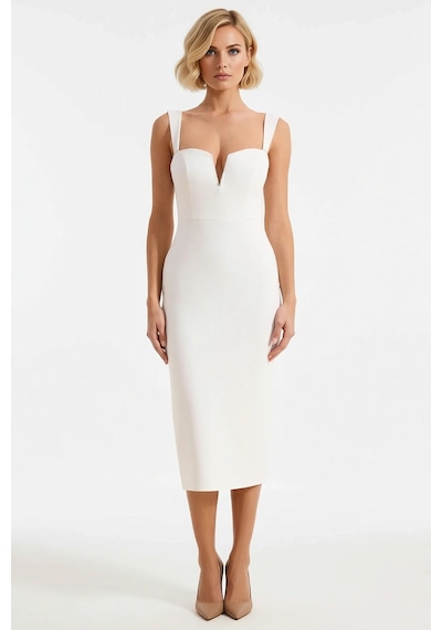 Benerly Kadın Bodycon Midi Elbise V Yaka Askılı Dokuma Finike Astarsız Dü Ekru