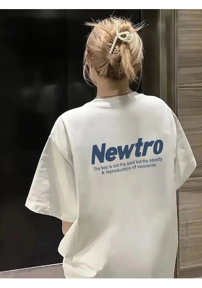 Freedom Storee Kadın Tişört Newtro Baskılı Oversize Bisiklet Yaka T-shirt - Beyaz Çok Renkli