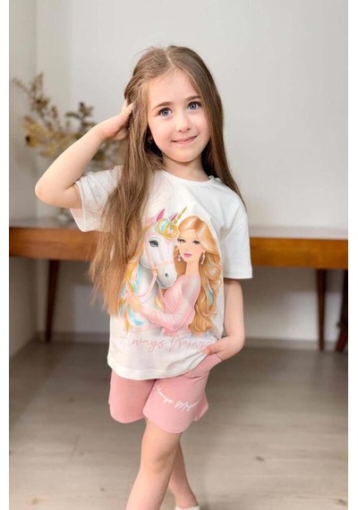 Riccotarz Kız Çocuk Bisiklet Yaka Ve Üzeri Magical Ve At Baskılı Penye Pudra Şortlu Takım