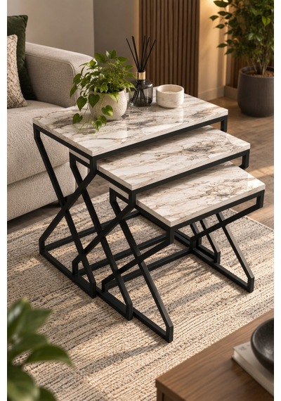 Sulorahome Modern Zigon Sehpa Seti - Beyaz Mermer Desenli Ve Siyah Metal Ayaklı Beyaz - Beyaz Mermer