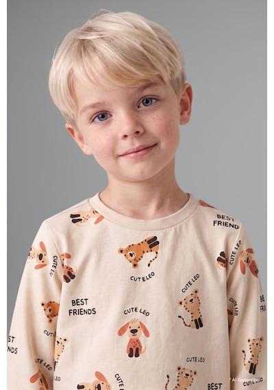 Defacto Uzun Kollu Bisiklet Yaka Üst Jogger Alt Hayvan Baskılı 2li Pijama Takımı Erkek Bebek H6537a526aubg734 Bej-bg734