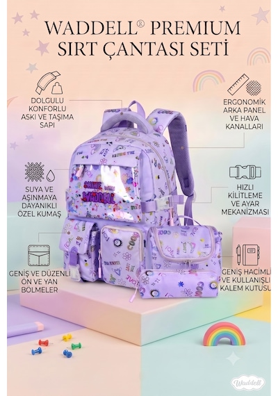 Waddell Kawaii Kore Tarzi Twil Kumas Desenli Sirt Cantasi Beslenme Cantasi Ve Kalemlikli Uclu Se Mor