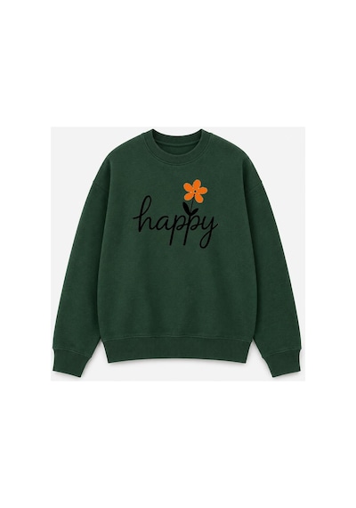 Herkesemoda Happy Baskı Detaylı Şardonlu 2 İplik Bisiklet Yaka Sweatshirt Yeşil