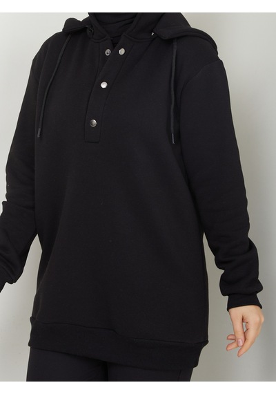 Raika Moda Kapşonlu 3 İplik Büyük Beden Tesettür Sweatshirt Siyah