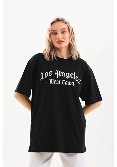 Kadın Baskılı Tişört Kısa Kol Bisiklet Yaka Oversize T-shirt - Siyah