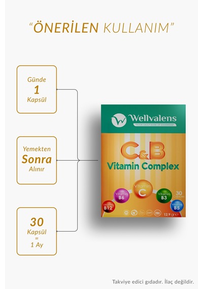 C & B Vitamin Kompleksi - 100 Mg C Vitamini, Biotin Ve B12 İçeren 30 Kapsül
