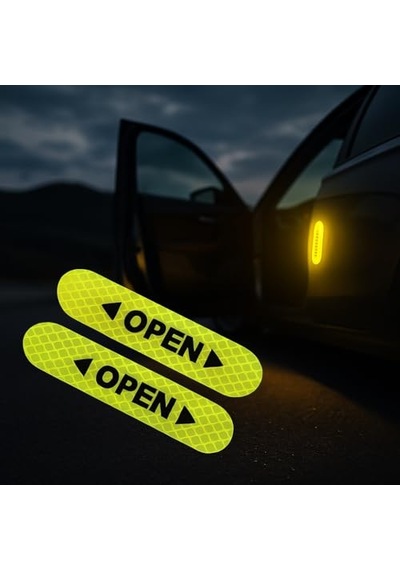 Reflektif Araç Kapı Uyarı Stickerı 2'li Set Gece Görünür Güvenlik Bandı Yapışkanlı, Suya Dayanıklı, Open Yazılı Kapı Açılınca Uyarı Etiketi Sarı Renk Abanoz