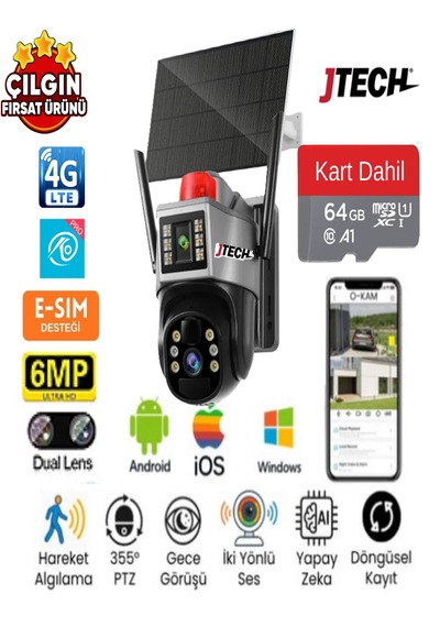 O-kam 7015 3mp+3mp 6mp 4g Sim Kartlı Solar Panelli 2lens1ptz Akıllı Kamera + 64gb Sd Kart