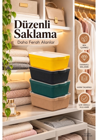 Porsima 4515 Mix Still Box 4'lü Kapaklı Saklama Kabı Seti 3 Litre Çok Amaçlı Renkli Kiler, Buzdolabı Ve Dolap İçi Organizer Kutusu Çok Renkli