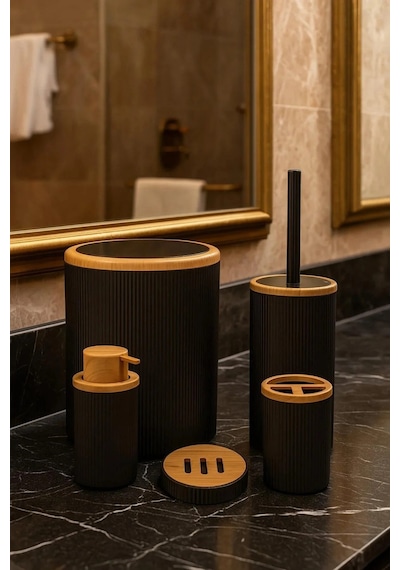Makri Home 5 Parça Banyo Seti, Siyah Ahşap Desenli, Çöp Kovası, Fırçalık, Sıvı Sabunluk, Diş Fırçalık, Sabunluk