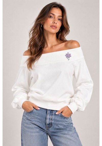 Sortie Collection Madonna Yaka Çiçek Nakışlı 3 İplik Sweatshirt Ekru