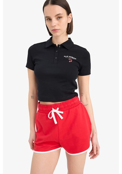 DeFacto Coool Fitted Polo Yaka Baskılı Ribana Kısa Kollu Siyah Tişört D1095AX25SMBK81