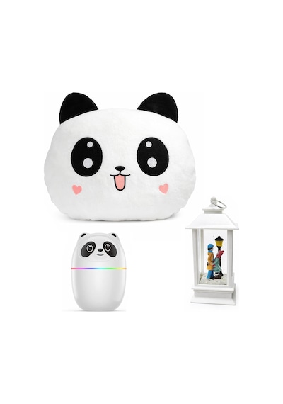 Panda Temalı Dekoratif Tasarıma Sahip Hediye Seti Peluş Panda Yastık + Buhar Makinesi Nemlendirici + Sevgili Figürlü Kar Küresi Dekoratif Hediye Seti