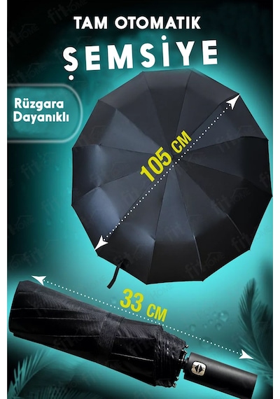 Fitfiyat 12 Tel Tam Otomatik Açılır Kapanır Rüzgara Dayanıklı Siyah Ekstra Güçlü Şemsiye Siyah