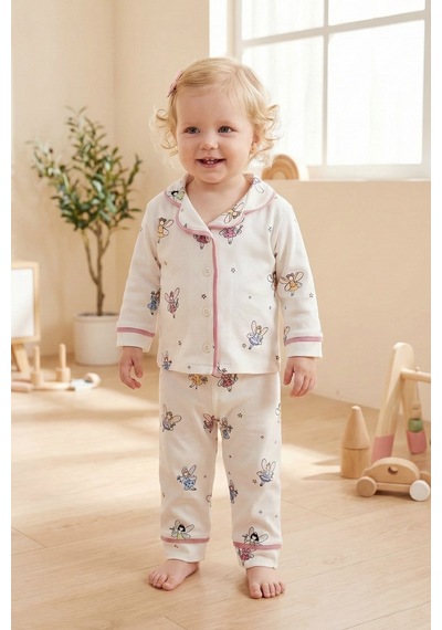 Babymod Bebe Yaka Önden Düğmeli Melek Desenli Kız Bebek Pijama Krem