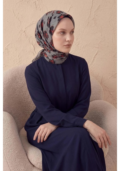 Silk Home Pamuk Karışımlı Eşarp Çiçekli Desen Gri 90x90 Çok Renkli