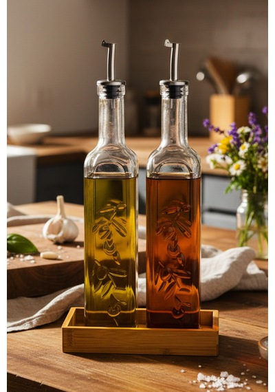 Lara - 2'li Bambu Standlı Cam Zeytinyağı Sıvıyağ Şişesi Yağdanlık Damlatmaz Yağlık Sirkelik 500ml