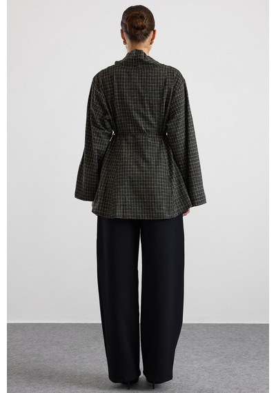 Olcay Degaje Yaka Oversize Kareli Bluz Haki 9839