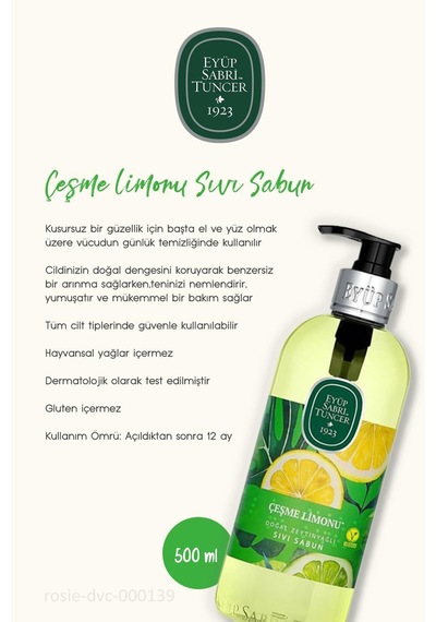Eyüb Sabri Tuncer Çeşme Limonu Sıvı Sabun 9 x 500 ML + Rosie Pamuk