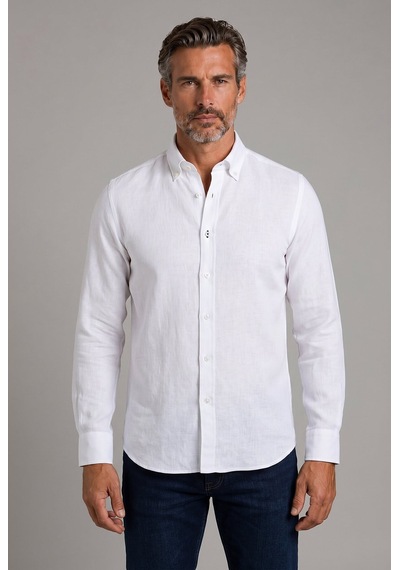 Bisse Beyaz Regular Fit Keten Cepsiz Paşa Yaka Gömlek Gmktn3ps224015 D01