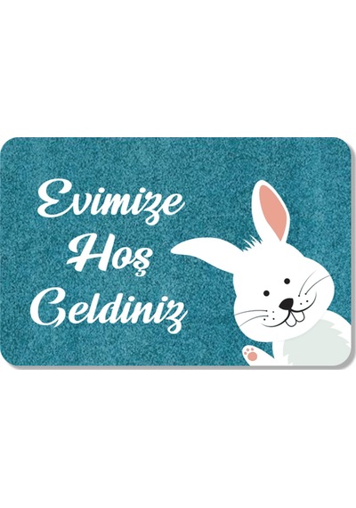 Dijital Baskılı Kapı Önü Paspas Hoşgeldiniz Yazılı Çiçek Desen Ve Tavşan Iç Ve Dış Kapı Yıkanabilir Açık Mavi