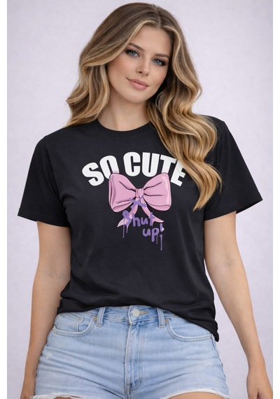 Herkesemoda So Cute Baskı Detaylı Basic T-shirt Siyah