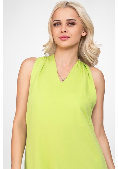 Bold & Young Kadın V Yakalı Cepli Pamuklu Kumaş Elbise Lime Yeşil