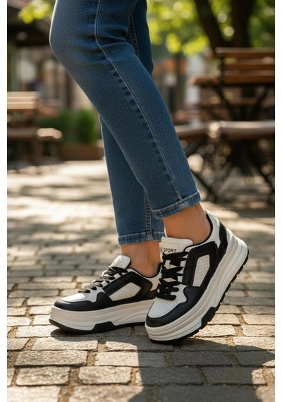 In Step Ropee Street Style Yüksek Taban Siyah Beyaz Kadın Sneaker