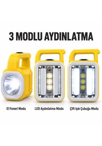 G-30t0 El Fenere 3 Modlu Şarjlı Pilli Güneş Enerjili Solar Taşınabilir Kamp Çalışma Alanı Doğa Yürüyüşü Tekne Araç Bakım Lamba Aydınlatma