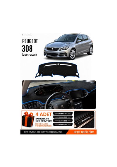 Peugeot 308 2014-2021 Uyumlu Torpido Koruma, Torpido Örtüsü, Torpido Kılıfı - Siyah Mavi