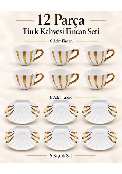 Tr İstiridye Serisi 6 Kişilik 12 Parça Türk Kahvesi Fincan Takımı Gold Detaylı Porselen Set Genel