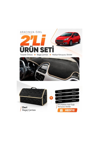 Fıat Punto Evo 2015-2021 Uyumlu Torpido Örtüsü + Deri Bagaj Çantası + Sticker Seti - Siyah Bej