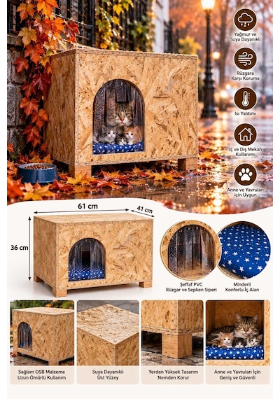 Reyo Minderli Büyük Boy Kedi Evi Anne ve Yavruları İçin, Yetişkin Kedi Barınağı 61x41x36 cm Kedi Yuvası CAT49M (Demonte)