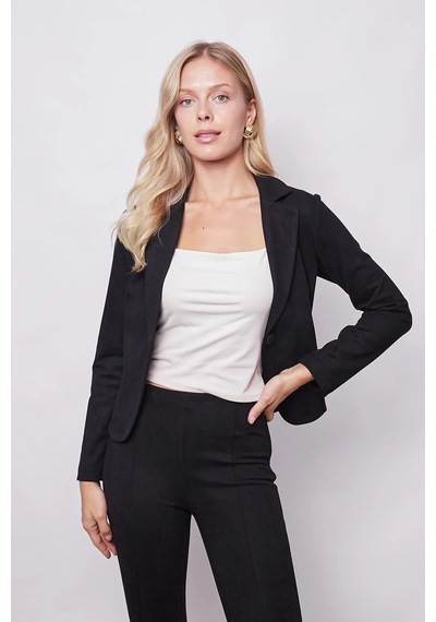 Kadın Kadife Likralı Yumuşak Dokulu Flato Cepli Uzun Kol Düğmeli Blazer Mono Ceket-siyah Siyah