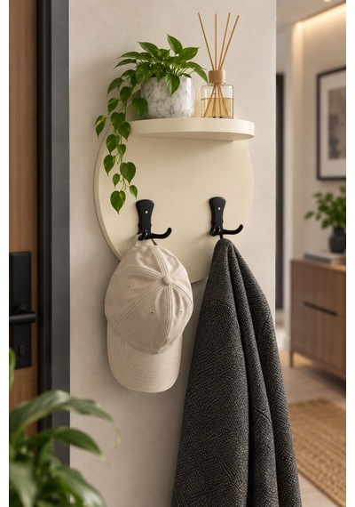 Sulorahome Krem Bej Yuvarlak Duvar Askılığı Ve Mini Raf Açık Bej