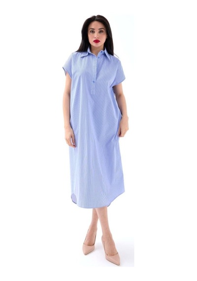 Moderie Butik 7450 Elbise-mavi Beyaz Çizgili Altın