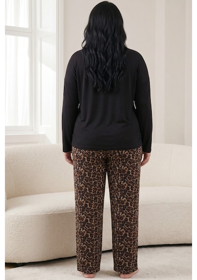 Siyah İnci Pamuklu Likralı Büyük Beden Battal Boy Örme Pijama Takım 26240923 Siyah