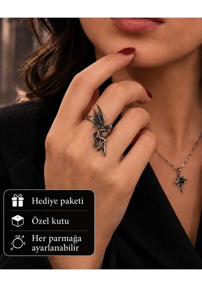 Gotik Kanatlı Peri Figürlü Ayarlanabilir Antik Gümüş Renk Kadın Yüzük Gümüş - Gri