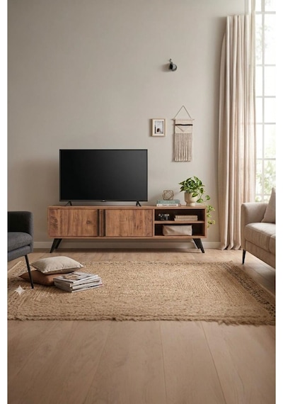 Tv Ünitesi 2 Kapaklı Raflı Dolaplı Tv Sehpası Atlantik Çam