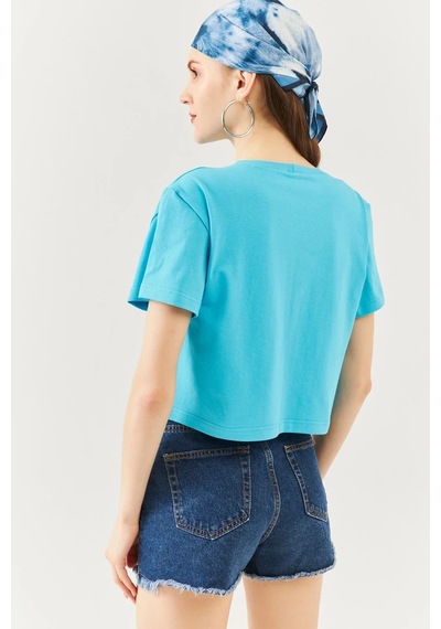 Kadın Rahat %100 Pamuklu Penye Bisiklet Yaka Kısa Kol Basic Crop T-shirt Aqua