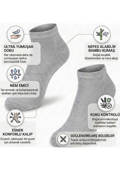 Womanandkids Wak Kadın Bambu Patik Çorap 6'lı Nefes Alan Nem Emici Yumuşak, Siyah Beyaz Gri