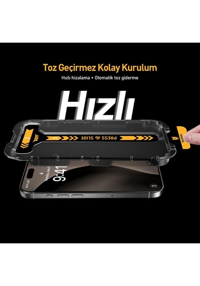 İphone 16 Serisi İle Uyumlu 5d Easyfit 2 Adet Kolay Uygulama Aparatlı Ekran Koruyucu Temperli Cam, İphone 16 Pro Max, Şeffaf